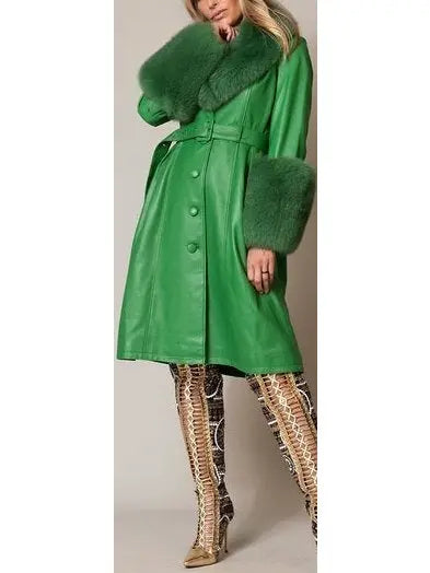 Fur-Trim Leather Coat, Green - Branna Couture