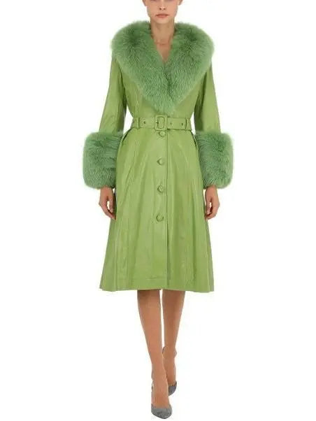 Fur-Trim Leather Coat, Light Green - Branna Couture