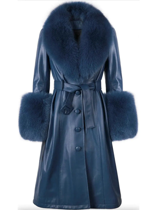 Fur-Trim Leather Coat, Navy - Branna Couture