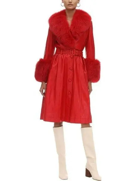 Fur-Trim Leather Coat, Red - Branna Couture