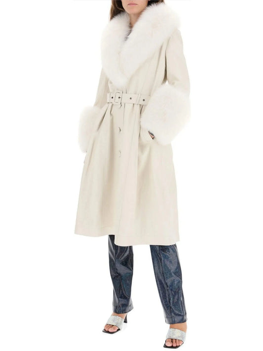 Fur-Trim Leather Coat, White - Branna Couture