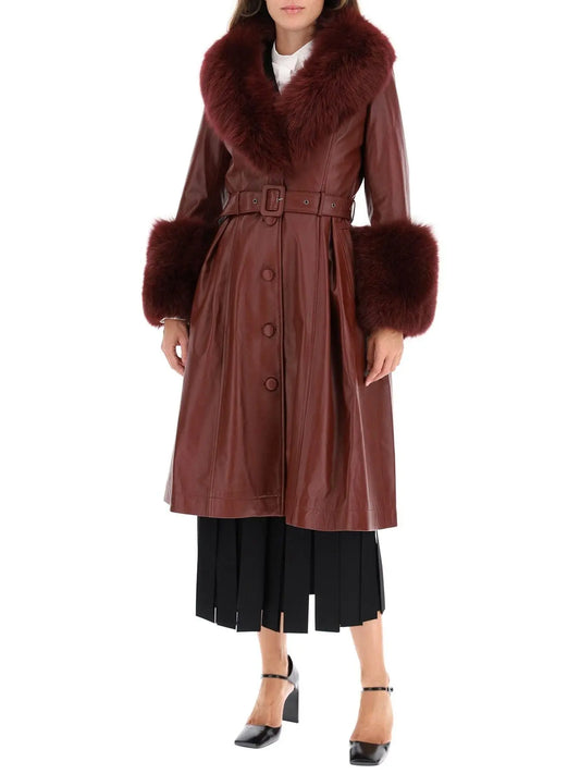 Fur-Trim Leather Coat, Wine - Branna Couture