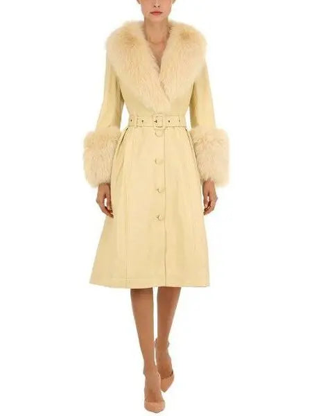 Fur-Trim Leather Coat, Yellow - Branna Couture