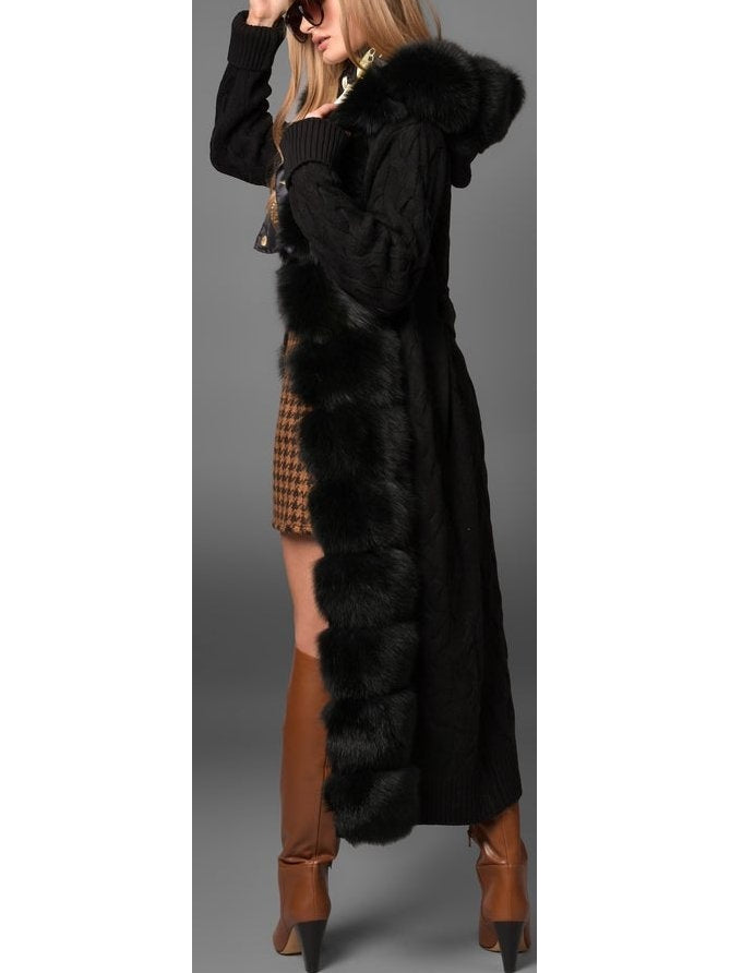 Fur-Trim Long Knit Cardigan Sweater-Coat in Black - Branna Couture