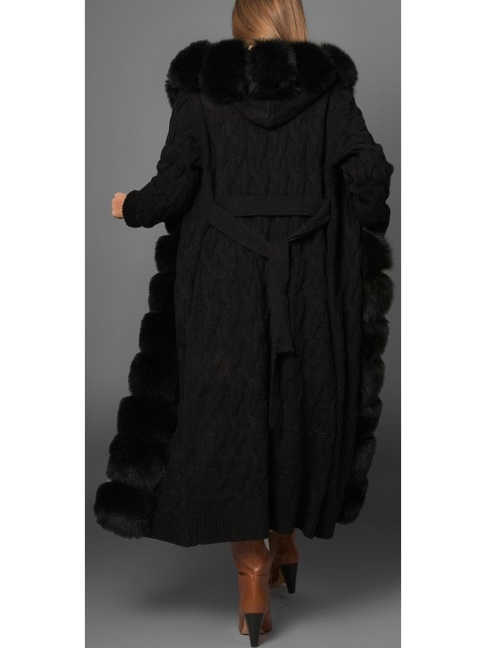 Fur-Trim Long Knit Cardigan Sweater-Coat in Black - Branna Couture