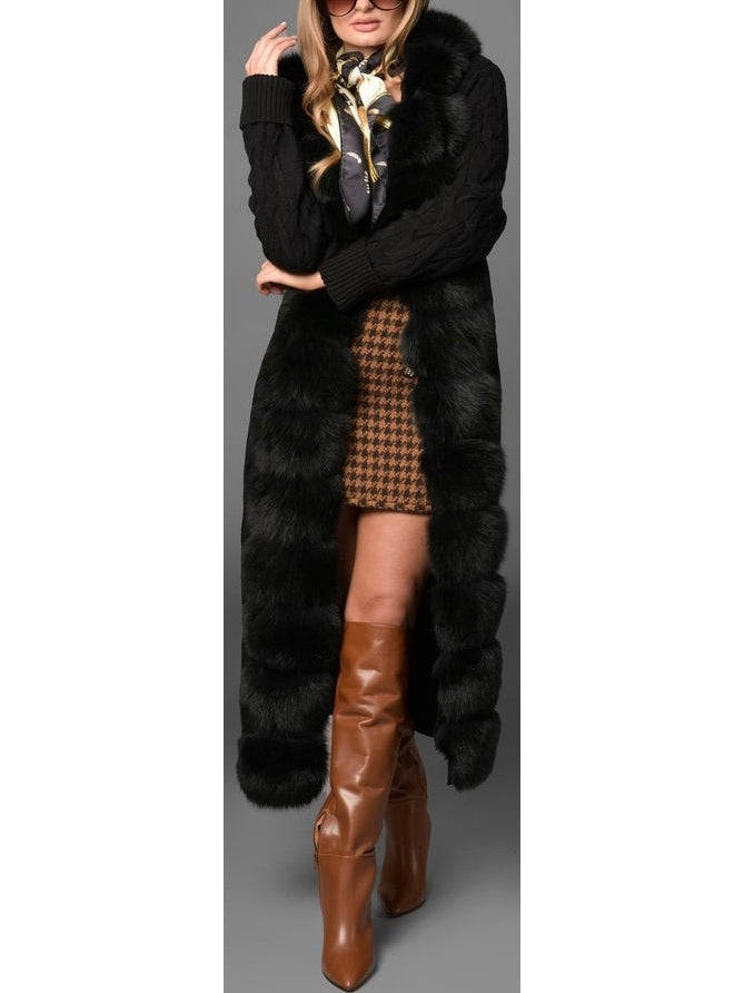 Fur-Trim Long Knit Cardigan Sweater-Coat in Black - Branna Couture