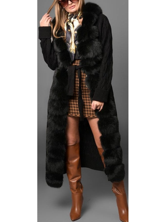 Fur-Trim Long Knit Cardigan Sweater-Coat in Black - Branna Couture