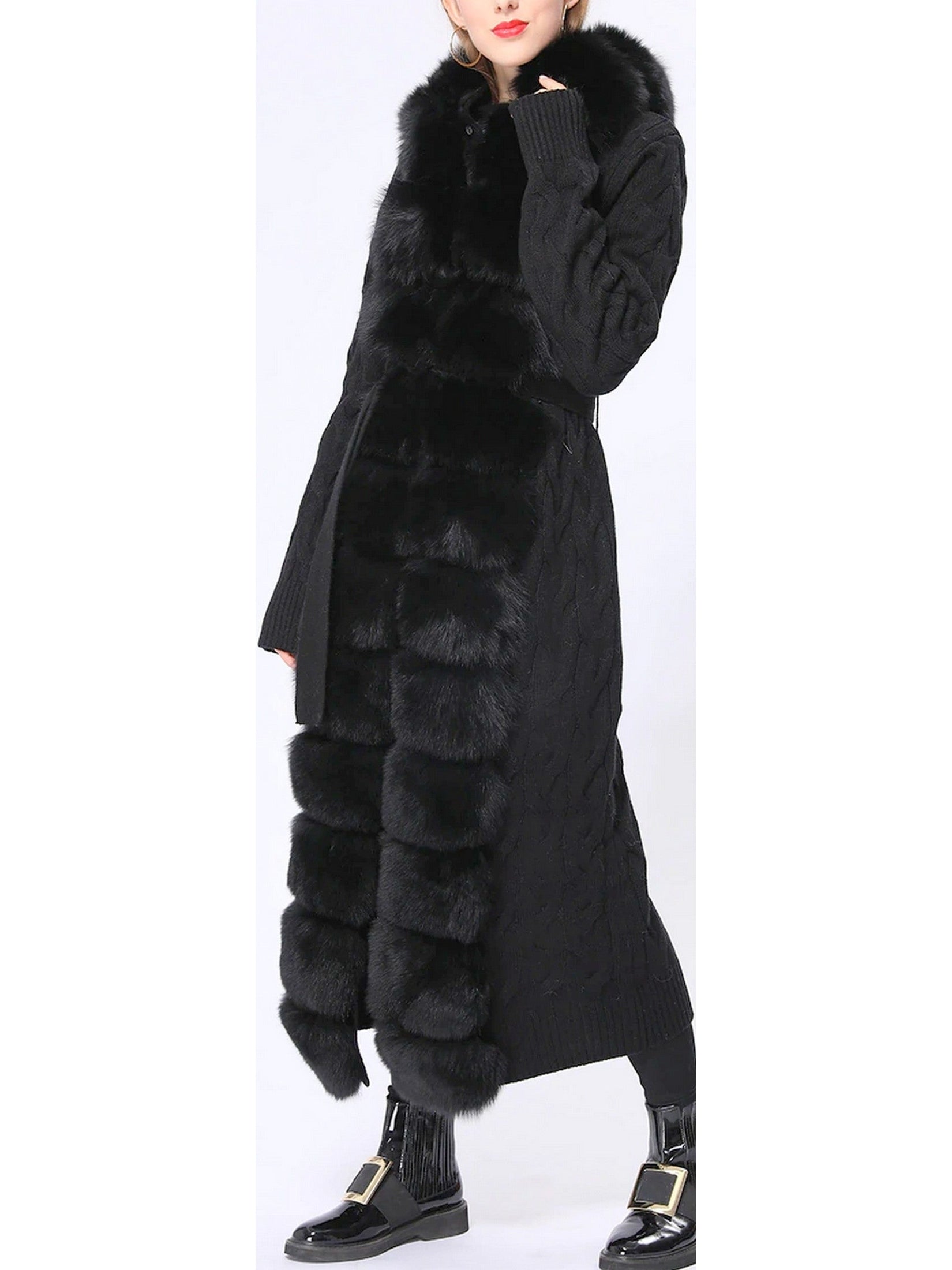 Fur-Trim Long Knit Cardigan Sweater-Coat in Black - Branna Couture