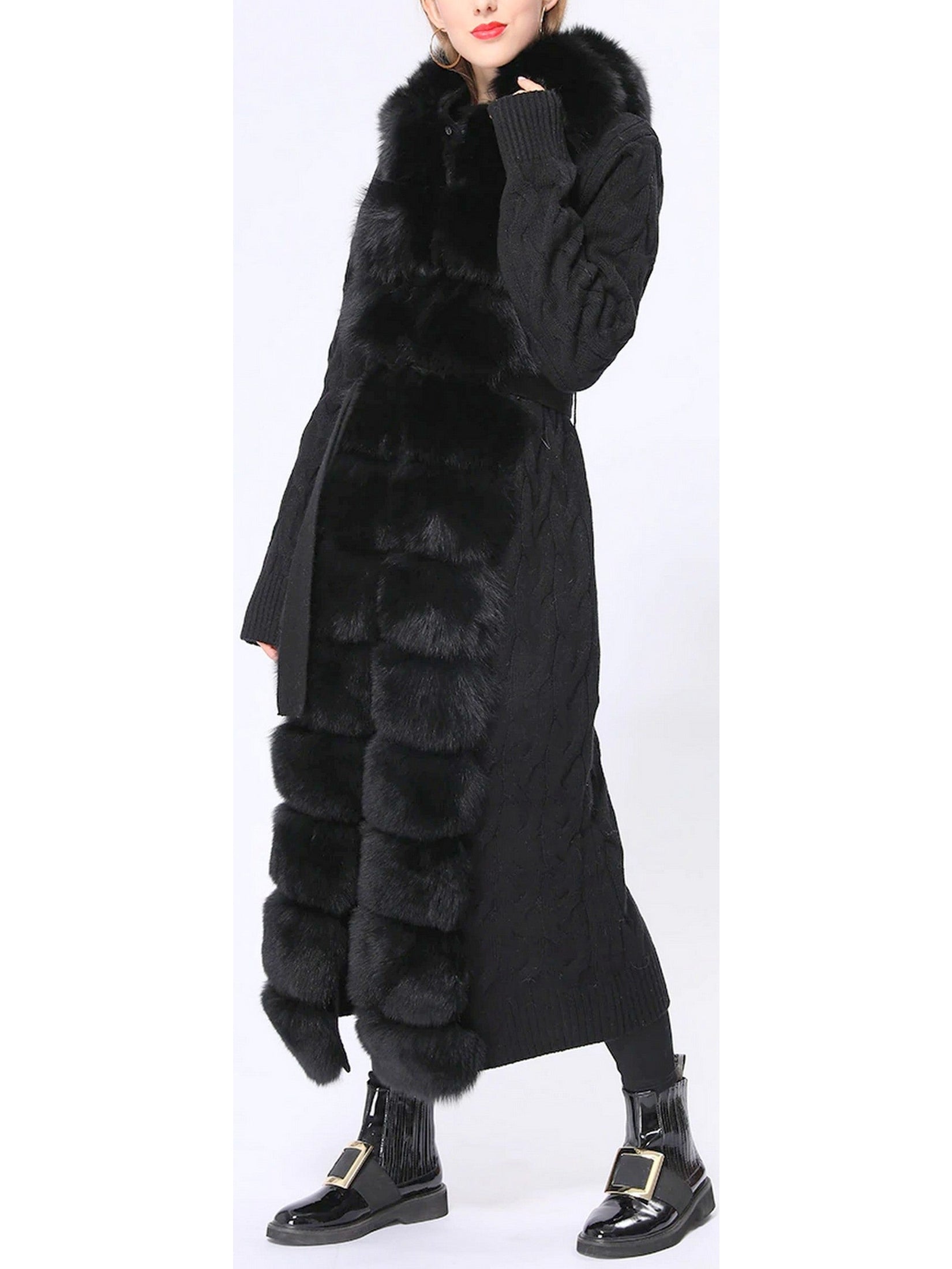 Fur-Trim Long Knit Cardigan Sweater-Coat in Black - Branna Couture