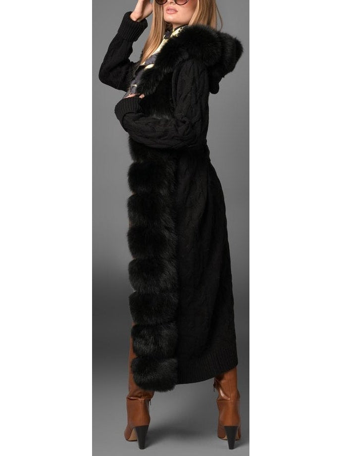 Fur-Trim Long Knit Cardigan Sweater-Coat in Black - Branna Couture