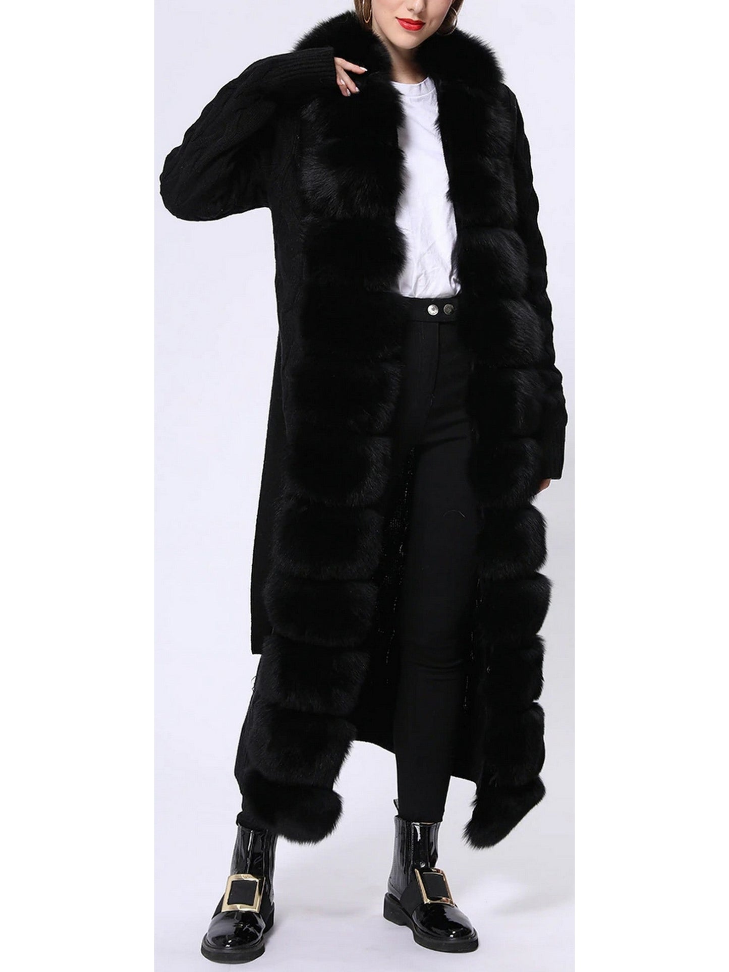 Fur-Trim Long Knit Cardigan Sweater-Coat in Black - Branna Couture