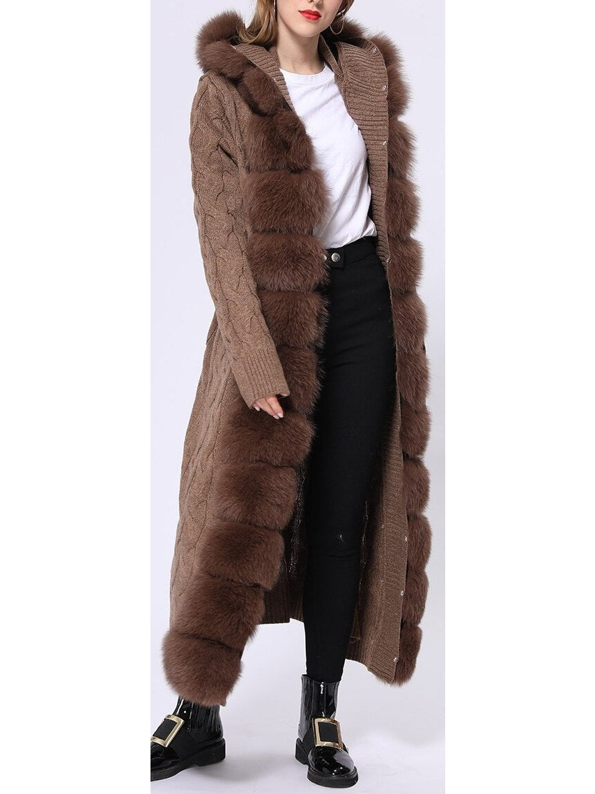 Fur-Trim Long Knit Cardigan Sweater-Coat in Brown - Branna Couture