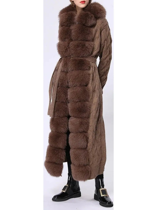 Fur-Trim Long Knit Cardigan Sweater-Coat in Brown - Branna Couture