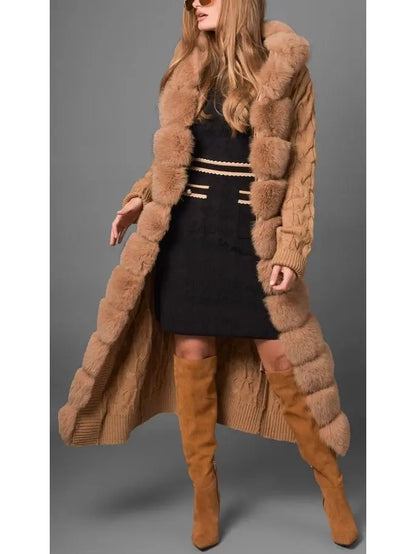 Fur-Trim Long Knit Cardigan Sweater-Coat in Khaki - Branna Couture