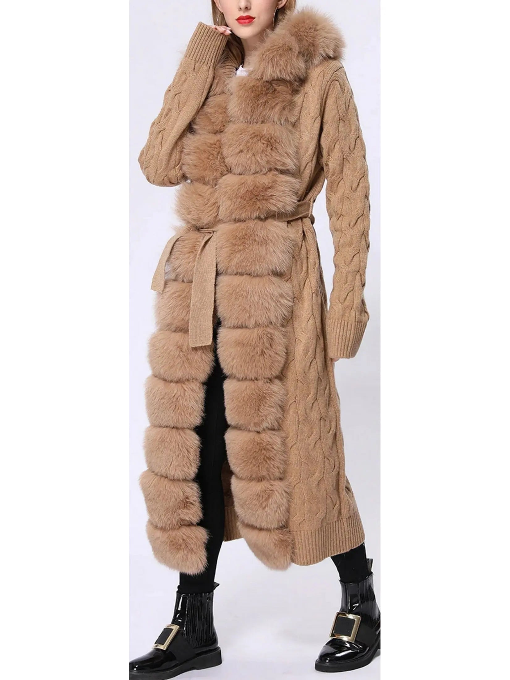 Fur-Trim Long Knit Cardigan Sweater-Coat in Khaki - Branna Couture