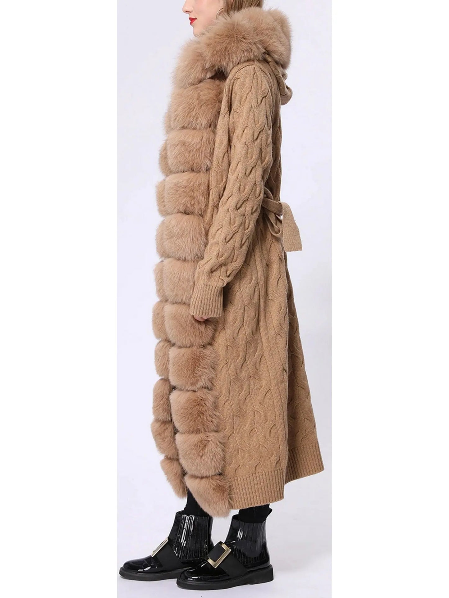 Fur-Trim Long Knit Cardigan Sweater-Coat in Khaki - Branna Couture