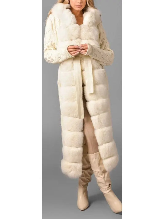 Fur-Trim Long Knit Cardigan Sweater-Coat in White - Branna Couture