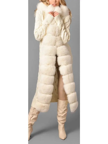 Fur-Trim Long Knit Cardigan Sweater-Coat in White - Branna Couture