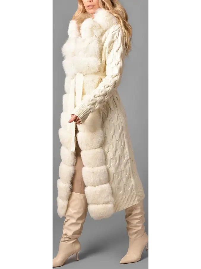 Fur-Trim Long Knit Cardigan Sweater-Coat in White - Branna Couture