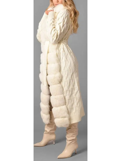 Fur-Trim Long Knit Cardigan Sweater-Coat in White - Branna Couture