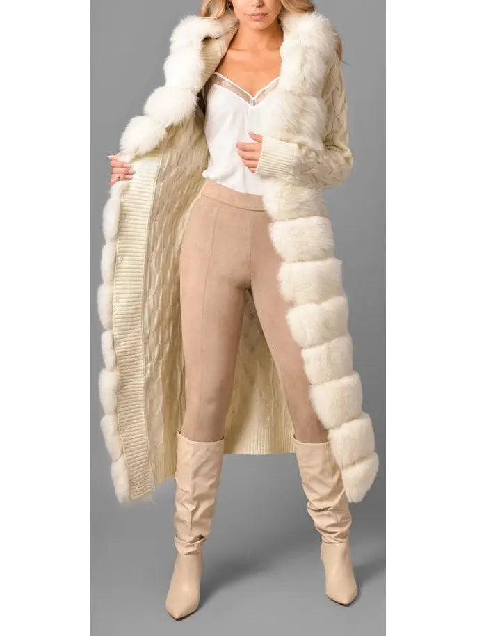 Fur-Trim Long Knit Cardigan Sweater-Coat in White - Branna Couture