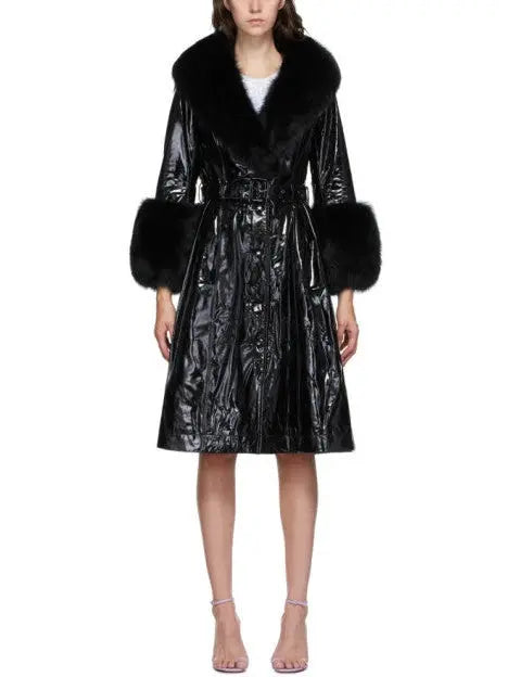 Fur-Trim Patent Leather Coat, Black - Branna Couture