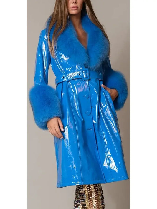 Fur-Trim Patent Leather Coat, Blue - Branna Couture