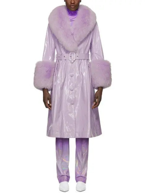 Fur-Trim Patent Leather Coat, Lilac - Branna Couture