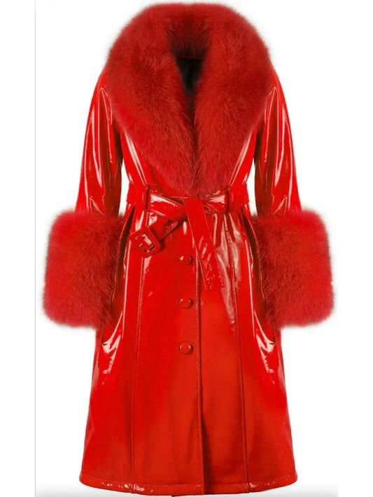 Fur-Trim Patent Leather Coat, Red - Branna Couture