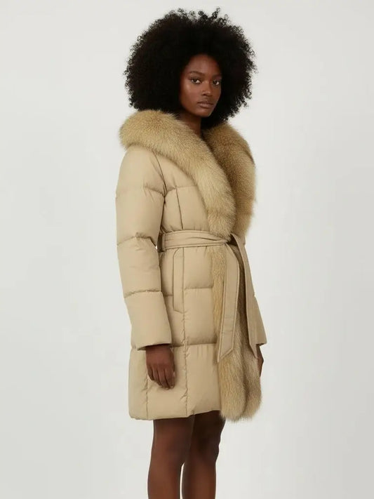 Fur-Trim Belted Down Coat in Beige - Coats
