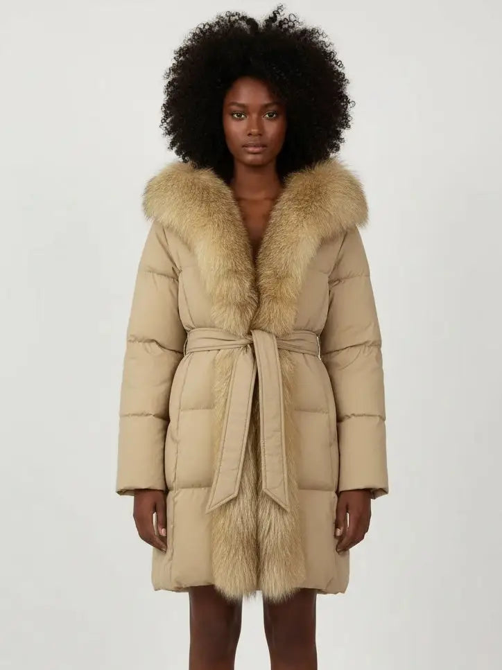 Fur-Trim Belted Down Coat in Beige - Small - Coats