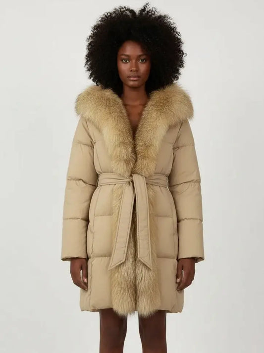 Fur-Trim Belted Down Coat in Beige - Small - Coats