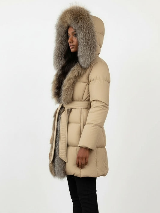 Fur-Trim Belted Down Coat in Beige with Natural Beige and Black Fur