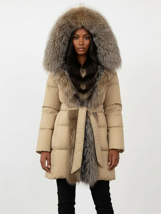 Fur-Trim Belted Down Coat in Beige with Natural Beige and Black Fur