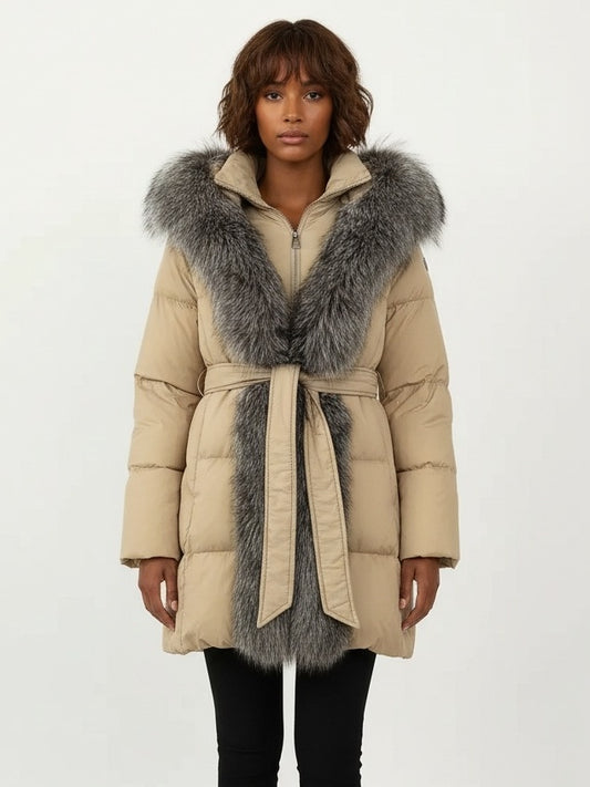 Fur-Trim Belted Down Coat in Beige with Natural and Black Fur