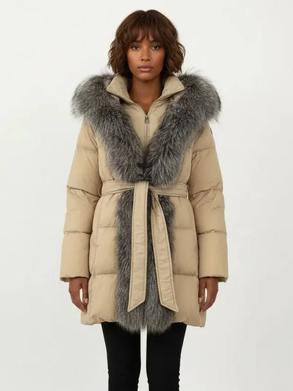 Fur-Trim Belted Down Coat in Beige with Natural and Black Fur - Small - Coats