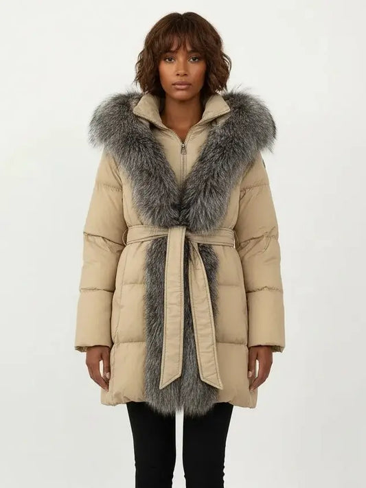 Fur-Trim Belted Down Coat in Beige with Natural and Black Fur - Small - Coats