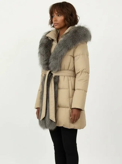 Fur-Trim Belted Down Coat in Beige with Natural and Black Fur - Coats