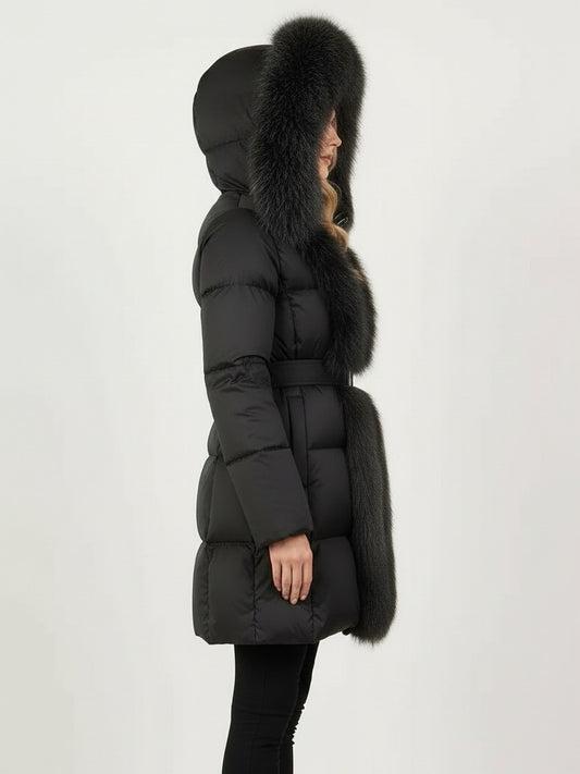 Fur-Trim Belted Down Coat in Black