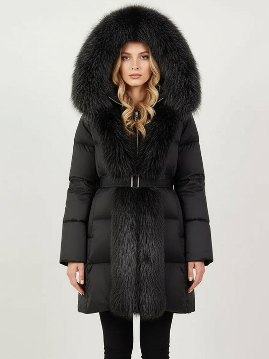 Fur-Trim Belted Down Coat in Black