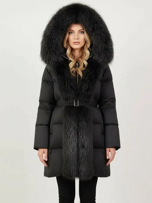 Fur-Trim Belted Down Coat in Black - Small - Coats