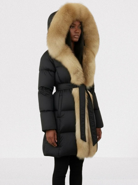 Fur-Trim Belted Down Coat in Black with Beige Fur