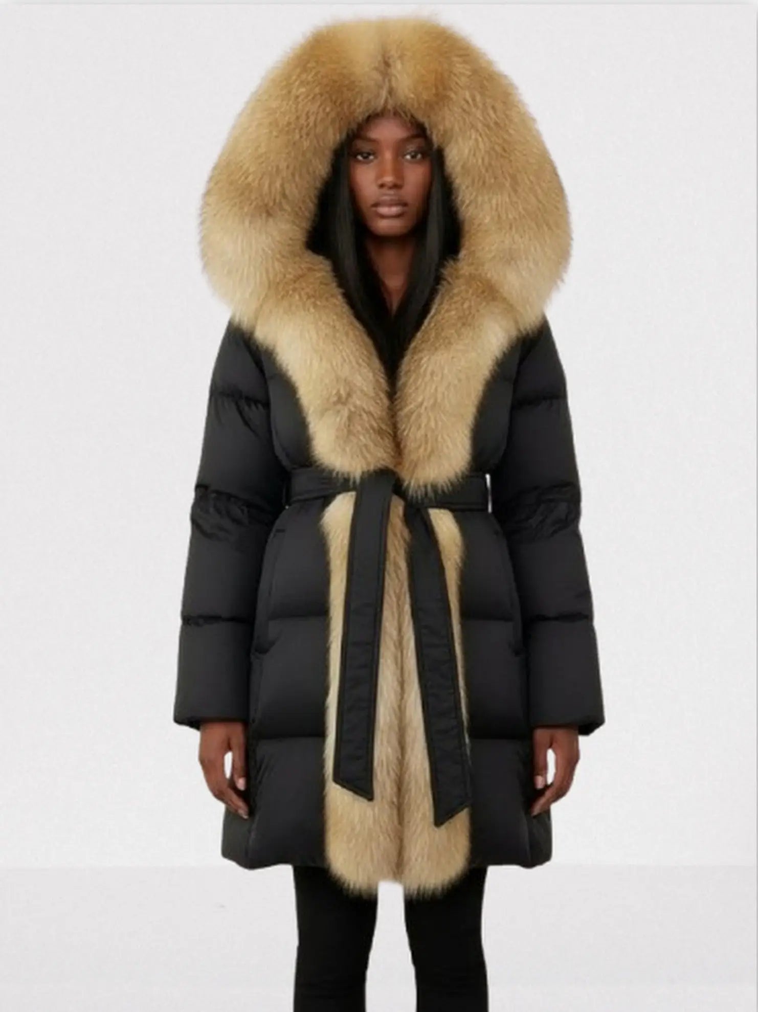 Fur-Trim Belted Down Coat in Black with Beige Fur - Small - Coats