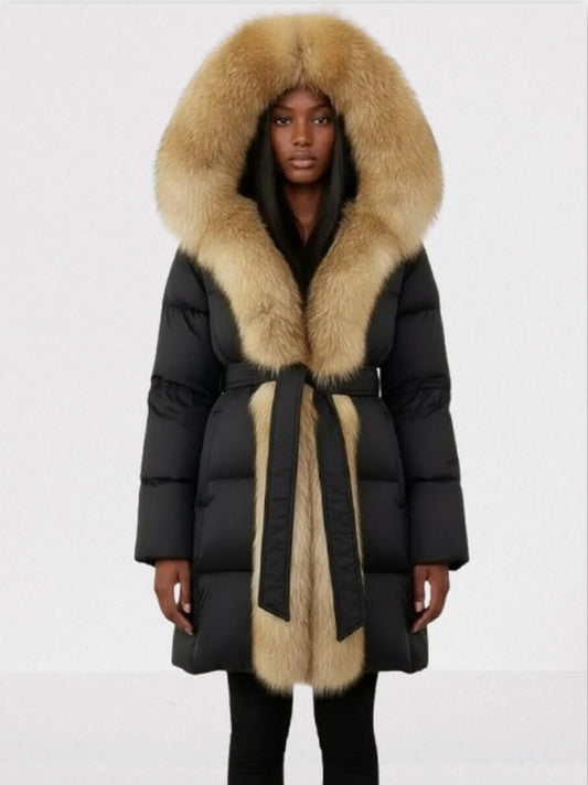 Fur-Trim Belted Down Coat in Black with Beige Fur - Small - Coats