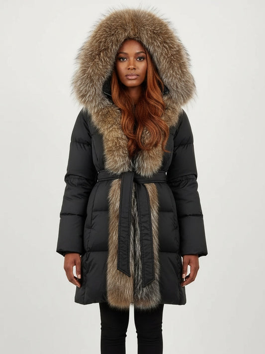 Fur-Trim Belted Down Coat in Black with Natural Beige and Black Fur