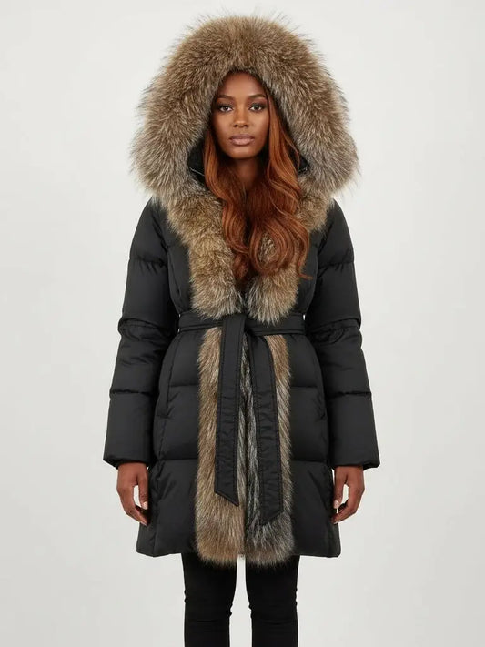 Fur-Trim Belted Down Coat in Black with Natural Beige and Black Fur - Small - Coats