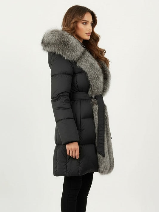 Fur-Trim Belted Down Coat in Black with Natural and Black Fur