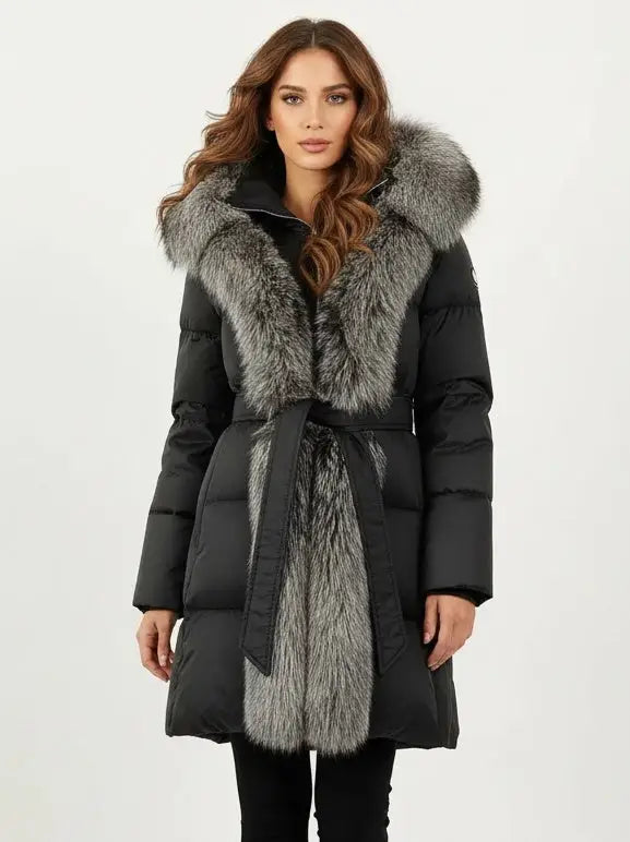 Fur-Trim Belted Down Coat in Black with Natural and Black Fur - Small - Coats