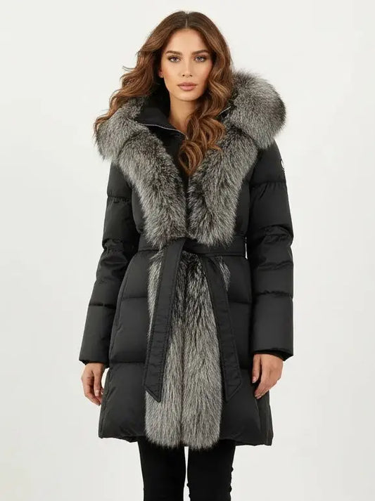 Fur-Trim Belted Down Coat in Black with Natural and Black Fur - Small - Coats