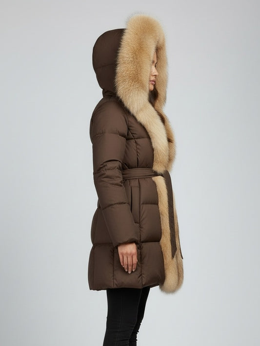 Fur-Trim Belted Down Coat in Brown with Beige Fur